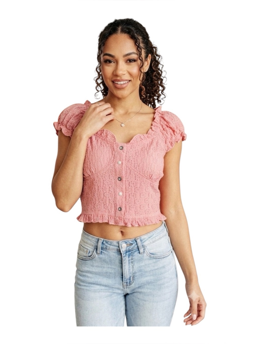 POL In Fair Verona Button Up Crop Top Pink Eyelet Ruffle Cap Sleeve Small